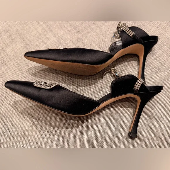 Manolo Blahnik Black Heels with Crystal Ankle and Emblem Embellishments, 37.5